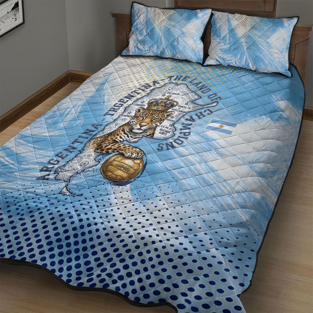 Argentina Football Land Of Champions Quilt Bed Set Halftone Dot Jaguar Mascot National Map
