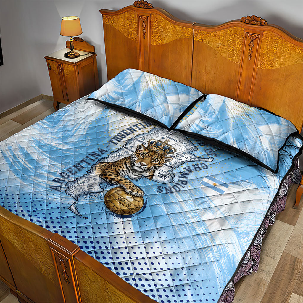 Argentina Football Land Of Champions Quilt Bed Set Halftone Dot Jaguar Mascot National Map