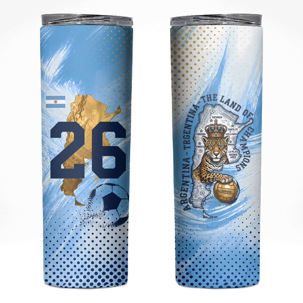 Argentina Football Land Of Champions Skinny Tumbler Halftone Dot Jaguar Mascot National Map