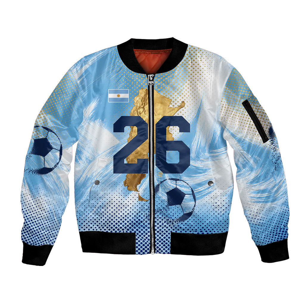 Argentina Football Land Of Champions Sleeve Zip Bomber Jacket Halftone Dot Jaguar Mascot National Map