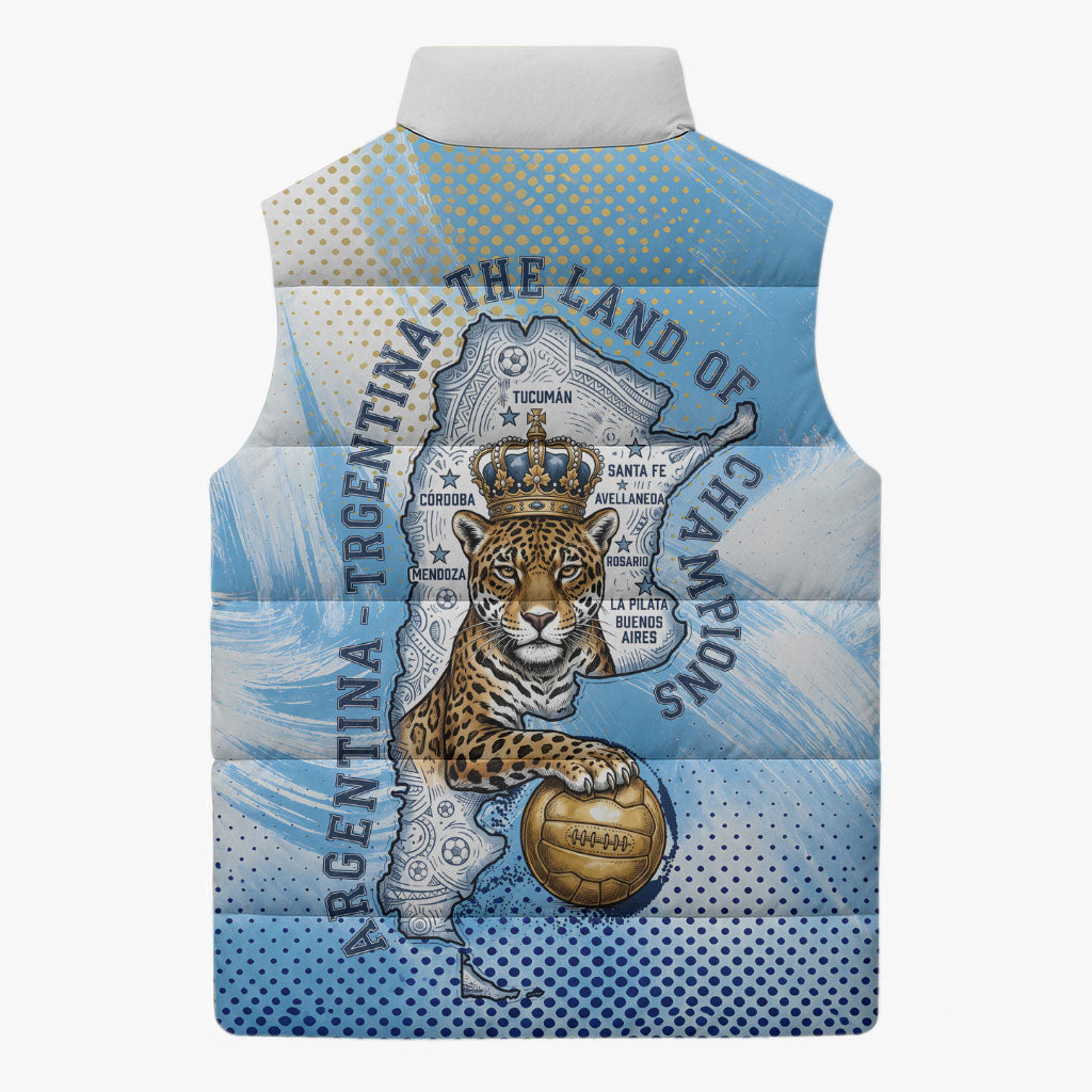Argentina Football Land Of Champions Sleeveless Puffer Jacket Halftone Dot Jaguar Mascot National Map