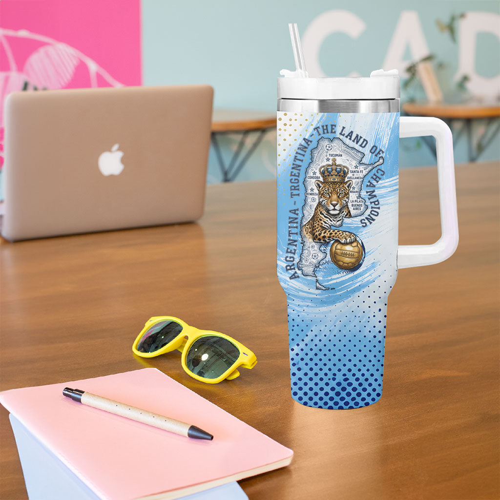 Argentina Football Land Of Champions Tumbler With Handle Halftone Dot Jaguar Mascot National Map