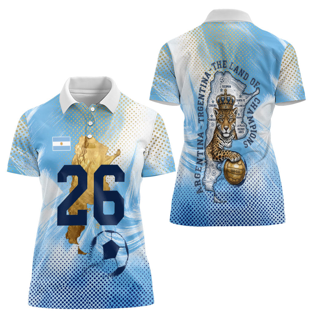 Argentina Football Land Of Champions Women Polo Shirt Halftone Dot Jaguar Mascot National Map