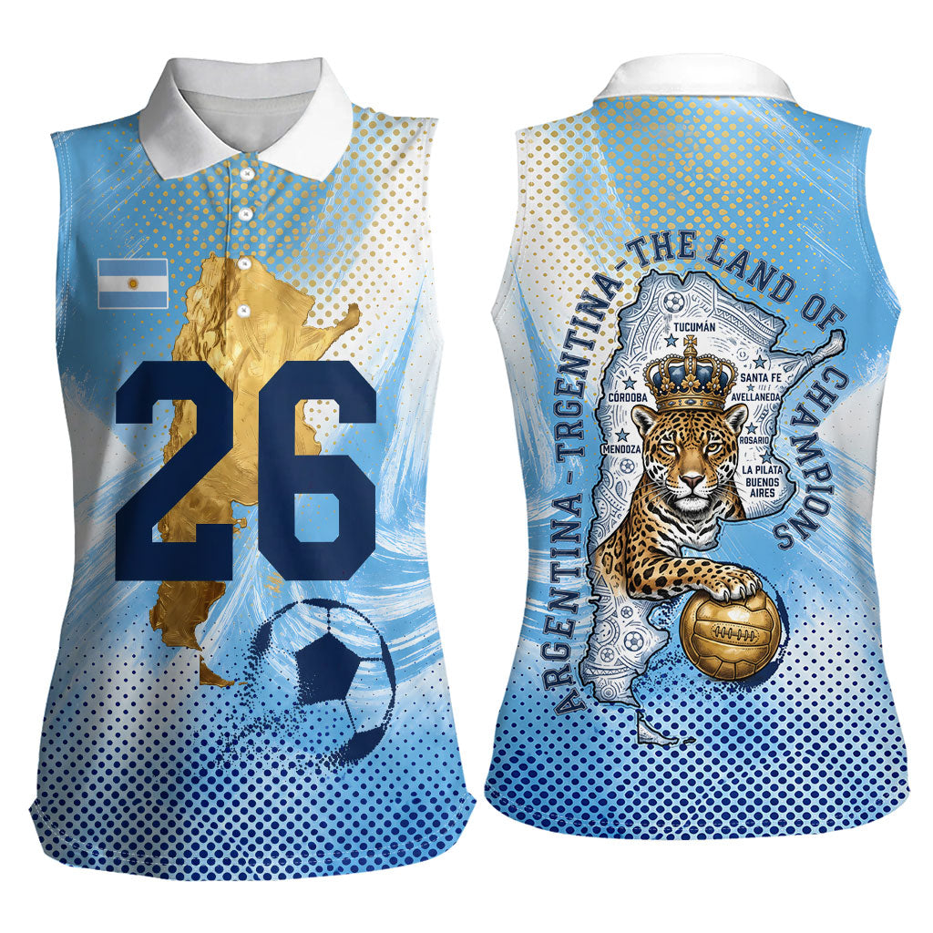 Argentina Football Land Of Champions Women Sleeveless Polo Shirt Halftone Dot Jaguar Mascot National Map