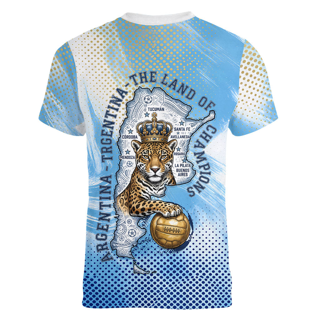 Argentina Football Land Of Champions Women V-Neck T-Shirt Halftone Dot Jaguar Mascot National Map