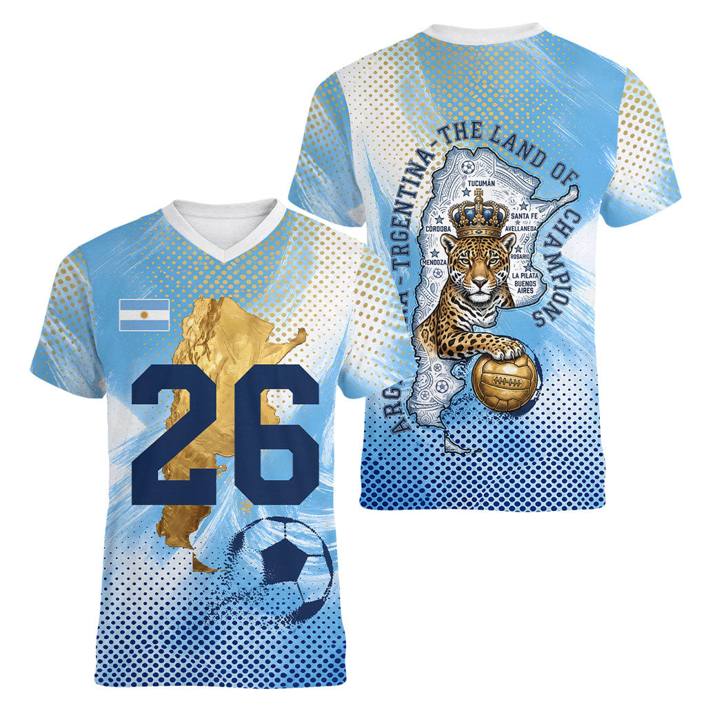 Argentina Football Land Of Champions Women V-Neck T-Shirt Halftone Dot Jaguar Mascot National Map