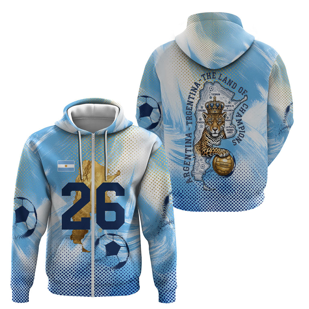 Argentina Football Land Of Champions Zip Hoodie Halftone Dot Jaguar Mascot National Map