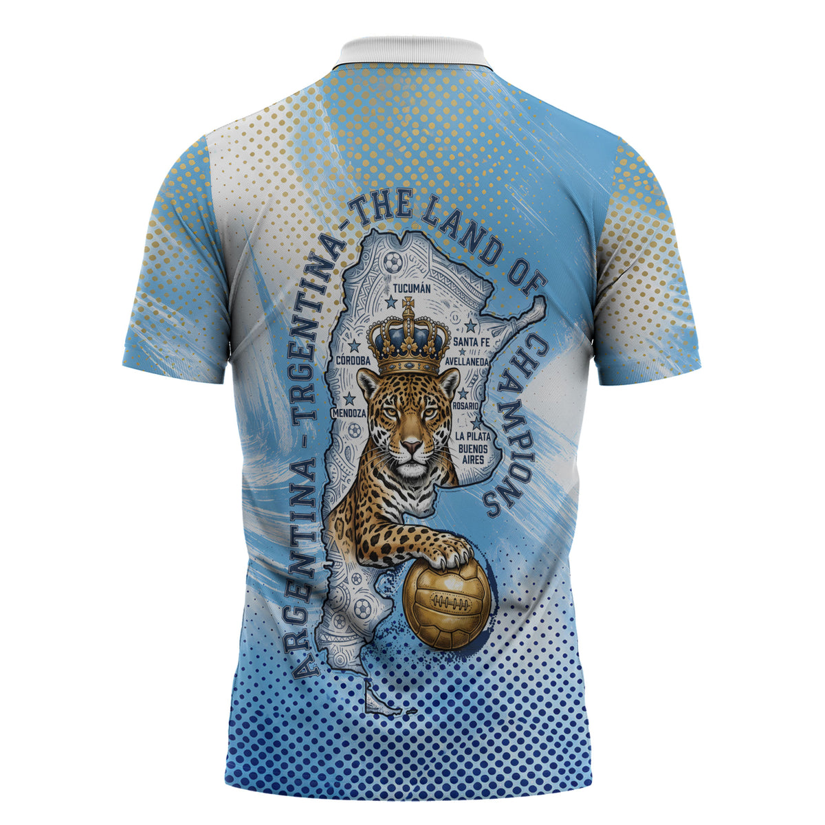 Argentina Football Land Of Champions Zipper Polo Shirt Halftone Dot Jaguar Mascot National Map