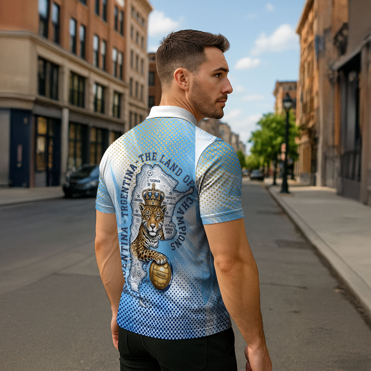 Argentina Football Land Of Champions Zipper Polo Shirt Halftone Dot Jaguar Mascot National Map