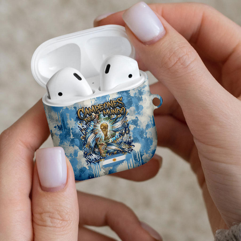 Argentina Football Campeones Del Mundo 2026 AirPods Case Champions Soccer Flag Watercolor Paint Drips Trophy