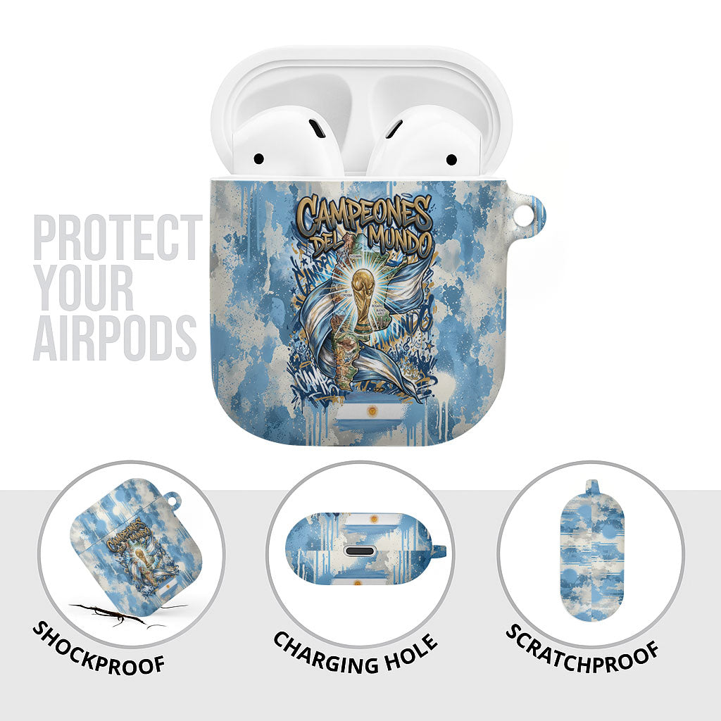 Argentina Football Campeones Del Mundo 2026 AirPods Case Champions Soccer Flag Watercolor Paint Drips Trophy
