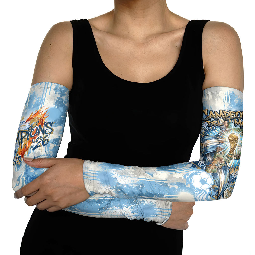 Argentina Football Campeones Del Mundo 2026 Arm Sleeves Champions Soccer Flag Watercolor Paint Drips Trophy
