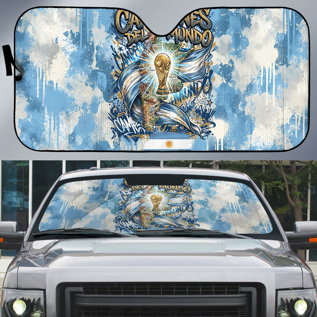 Argentina Football Campeones Del Mundo 2026 Auto Sun Shade Champions Soccer Flag Watercolor Paint Drips Trophy