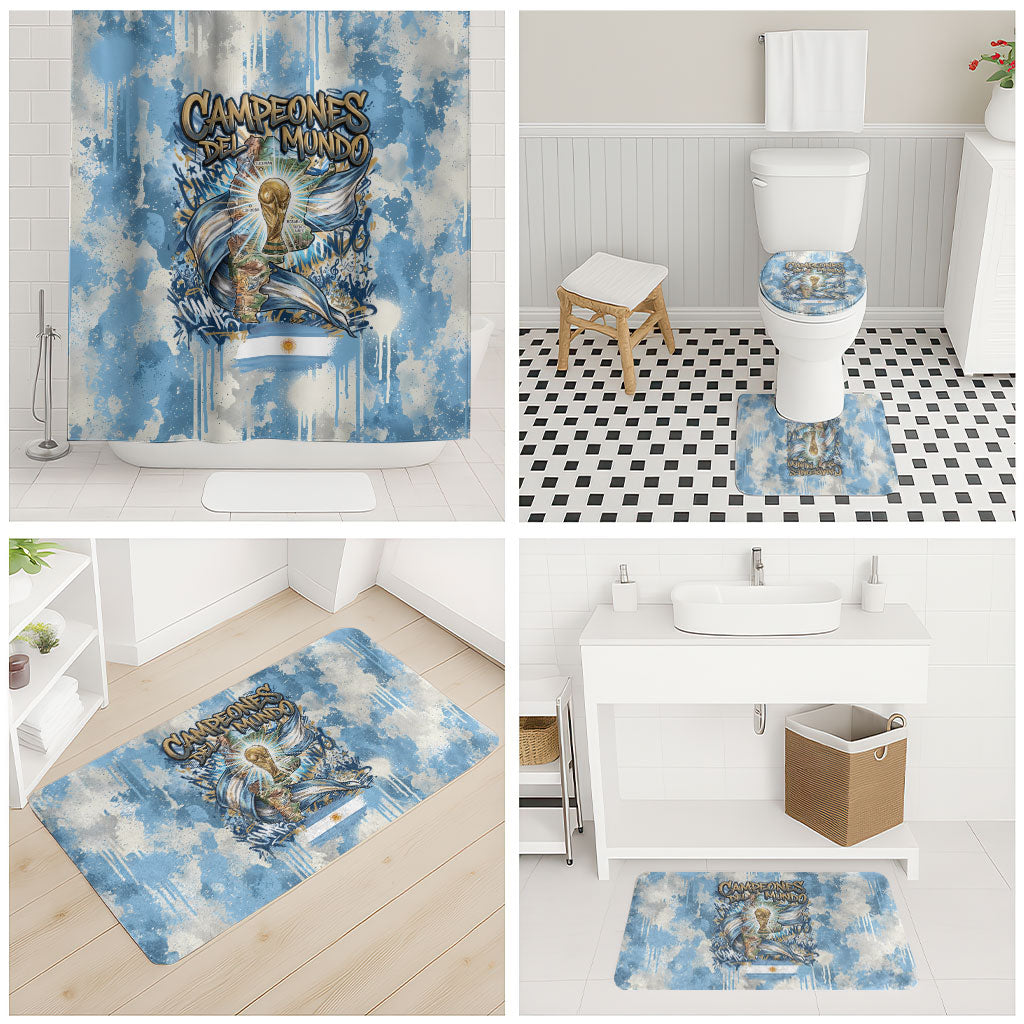 Argentina Football Campeones Del Mundo 2026 Bathroom Set Champions Soccer Flag Watercolor Paint Drips Trophy
