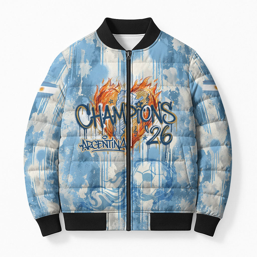 Argentina Football Campeones Del Mundo 2026 Bomber Puffer Jacket Champions Soccer Flag Watercolor Paint Drips Trophy