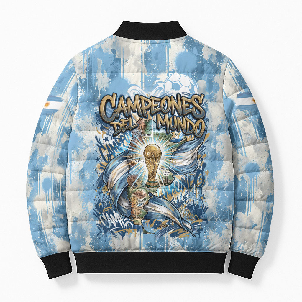 Argentina Football Campeones Del Mundo 2026 Bomber Puffer Jacket Champions Soccer Flag Watercolor Paint Drips Trophy