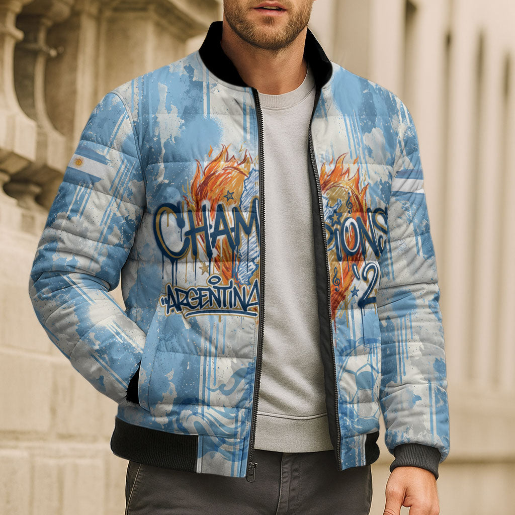Argentina Football Campeones Del Mundo 2026 Bomber Puffer Jacket Champions Soccer Flag Watercolor Paint Drips Trophy