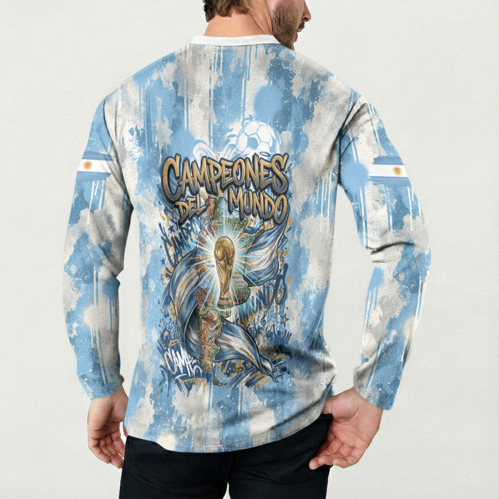 Argentina Football Campeones Del Mundo 2026 Button Sweatshirt Champions Soccer Flag Watercolor Paint Drips Trophy