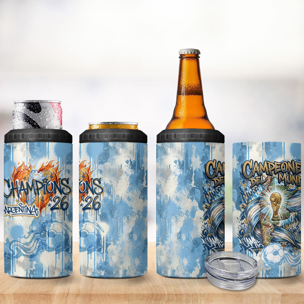 Argentina Football Campeones Del Mundo 2026 4 in 1 Can Cooler Tumbler Champions Soccer Flag Watercolor Paint Drips Trophy