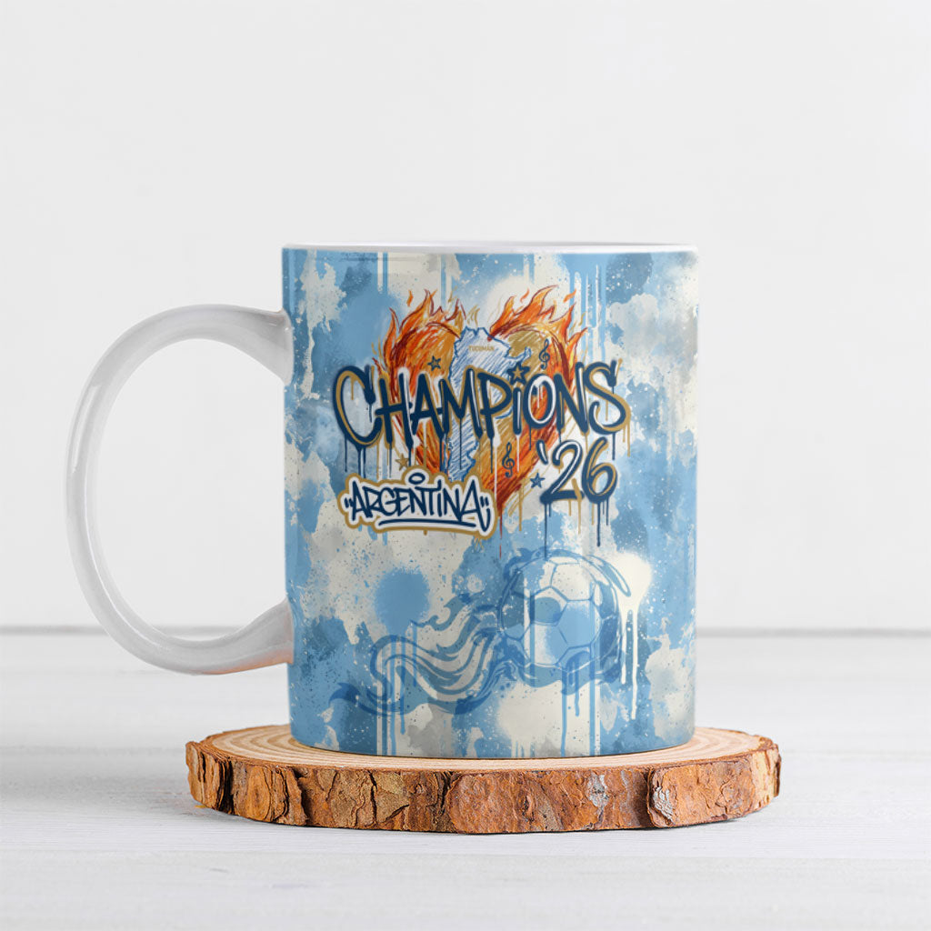 Argentina Football Campeones Del Mundo 2026 Ceramic Mug Champions Soccer Flag Watercolor Paint Drips Trophy