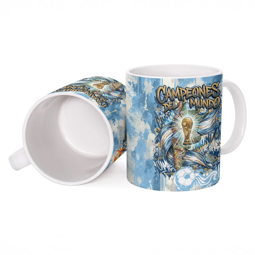 Argentina Football Campeones Del Mundo 2026 Ceramic Mug Champions Soccer Flag Watercolor Paint Drips Trophy