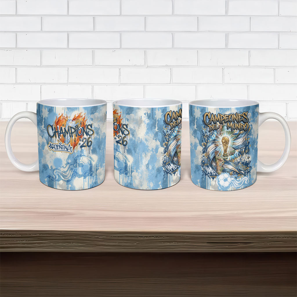 Argentina Football Campeones Del Mundo 2026 Ceramic Mug Champions Soccer Flag Watercolor Paint Drips Trophy
