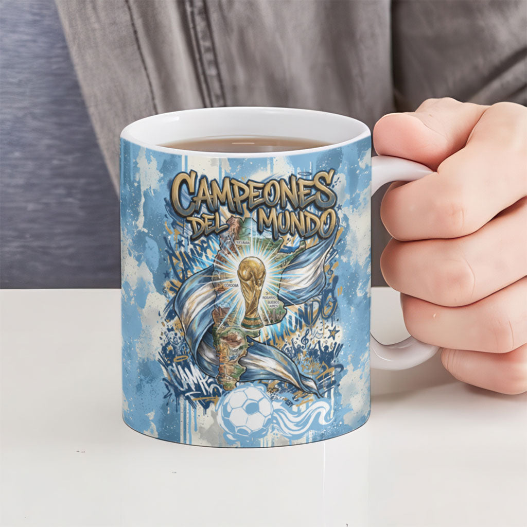 Argentina Football Campeones Del Mundo 2026 Ceramic Mug Champions Soccer Flag Watercolor Paint Drips Trophy