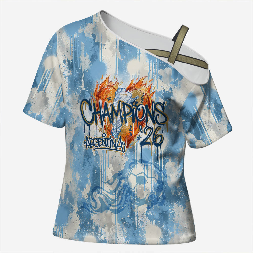 Argentina Football Campeones Del Mundo 2026 Cross Shoulder Shirt Champions Soccer Flag Watercolor Paint Drips Trophy