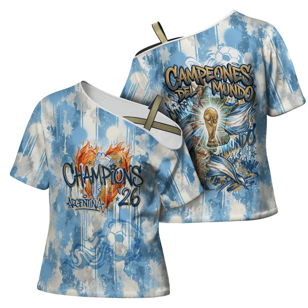 Argentina Football Campeones Del Mundo 2026 Cross Shoulder Shirt Champions Soccer Flag Watercolor Paint Drips Trophy