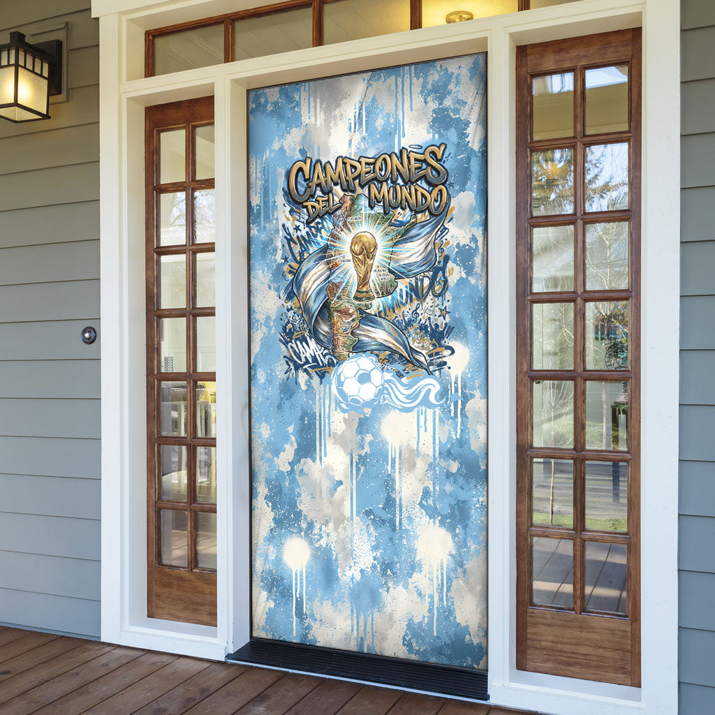 Argentina Football Campeones Del Mundo 2026 Door Cover Champions Soccer Flag Watercolor Paint Drips Trophy