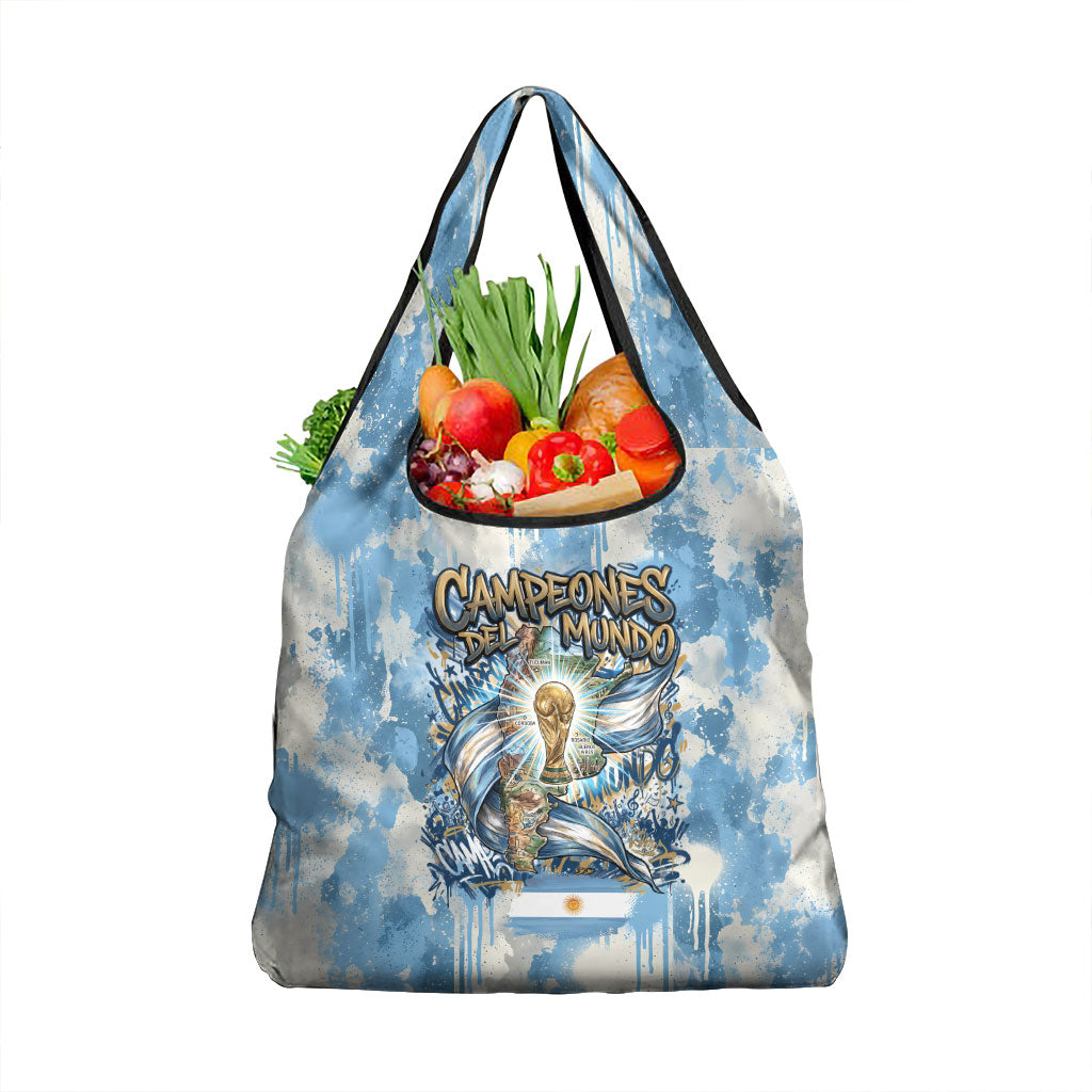 Argentina Football Campeones Del Mundo 2026 Grocery Bag Champions Soccer Flag Watercolor Paint Drips Trophy
