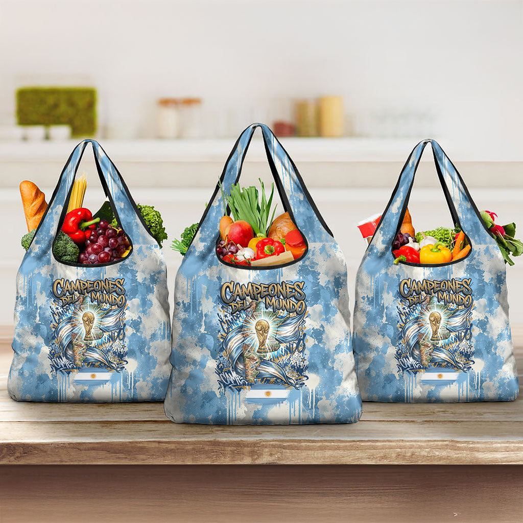 Argentina Football Campeones Del Mundo 2026 Grocery Bag Champions Soccer Flag Watercolor Paint Drips Trophy