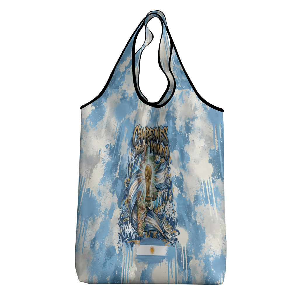 Argentina Football Campeones Del Mundo 2026 Grocery Bag Champions Soccer Flag Watercolor Paint Drips Trophy