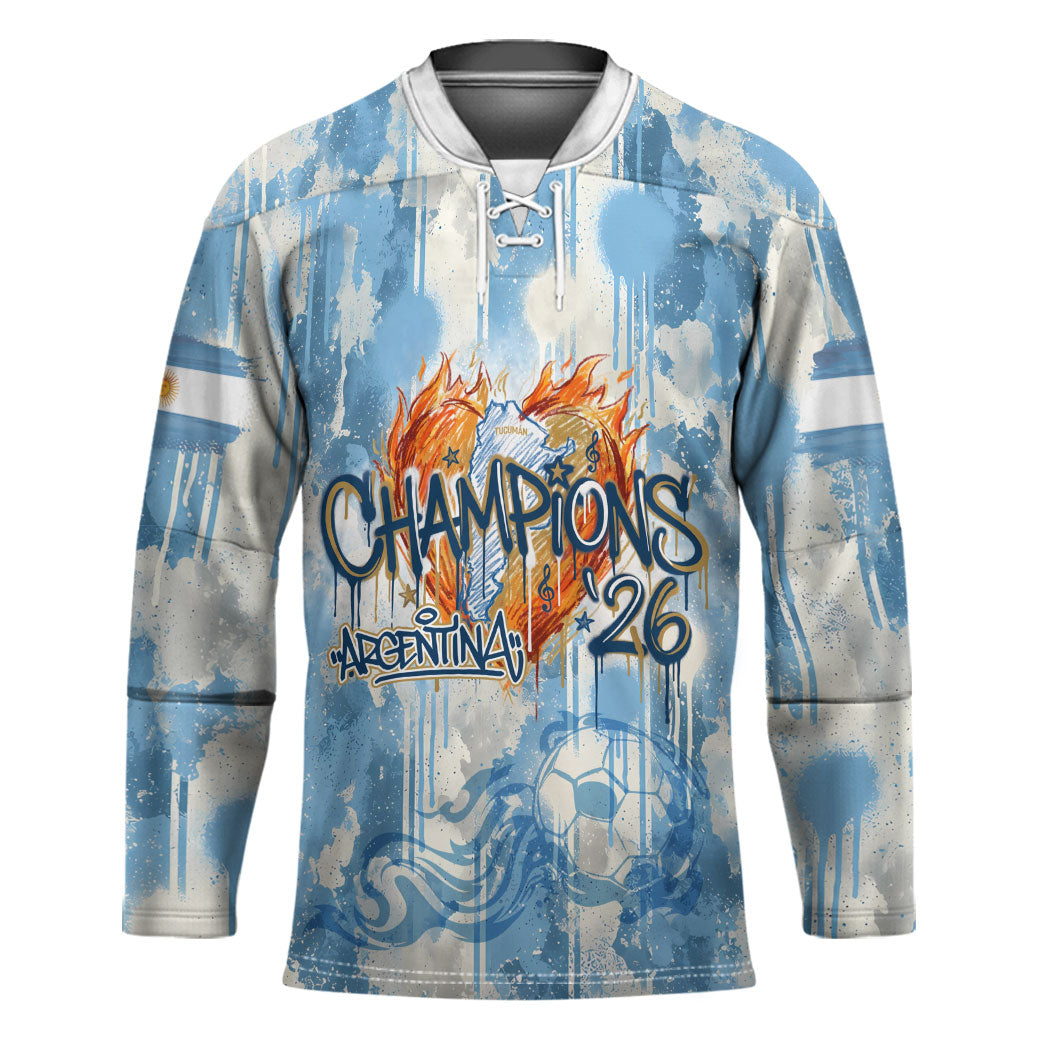 Argentina Football Campeones Del Mundo 2026 Hockey Jersey Champions Soccer Flag Watercolor Paint Drips Trophy