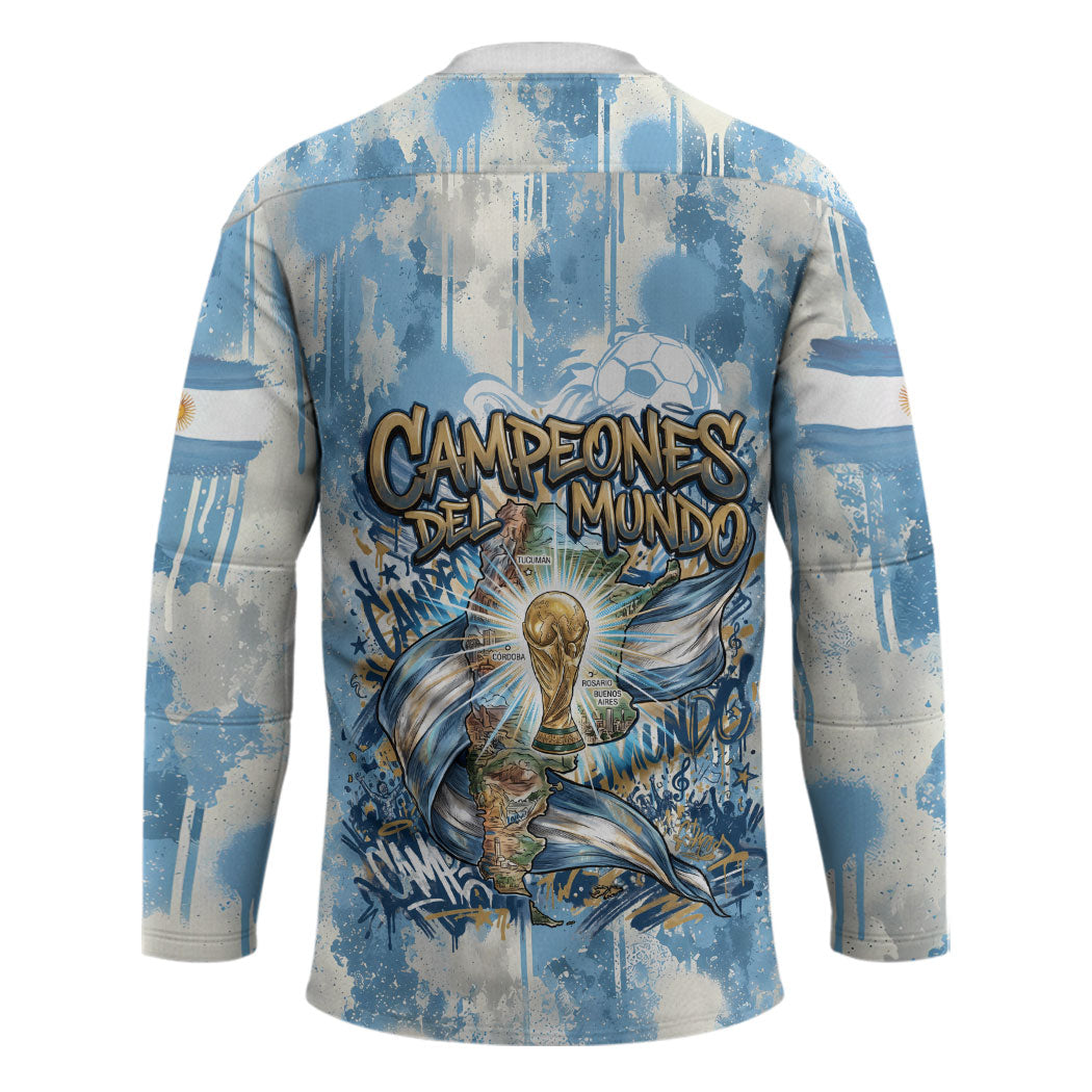 Argentina Football Campeones Del Mundo 2026 Hockey Jersey Champions Soccer Flag Watercolor Paint Drips Trophy