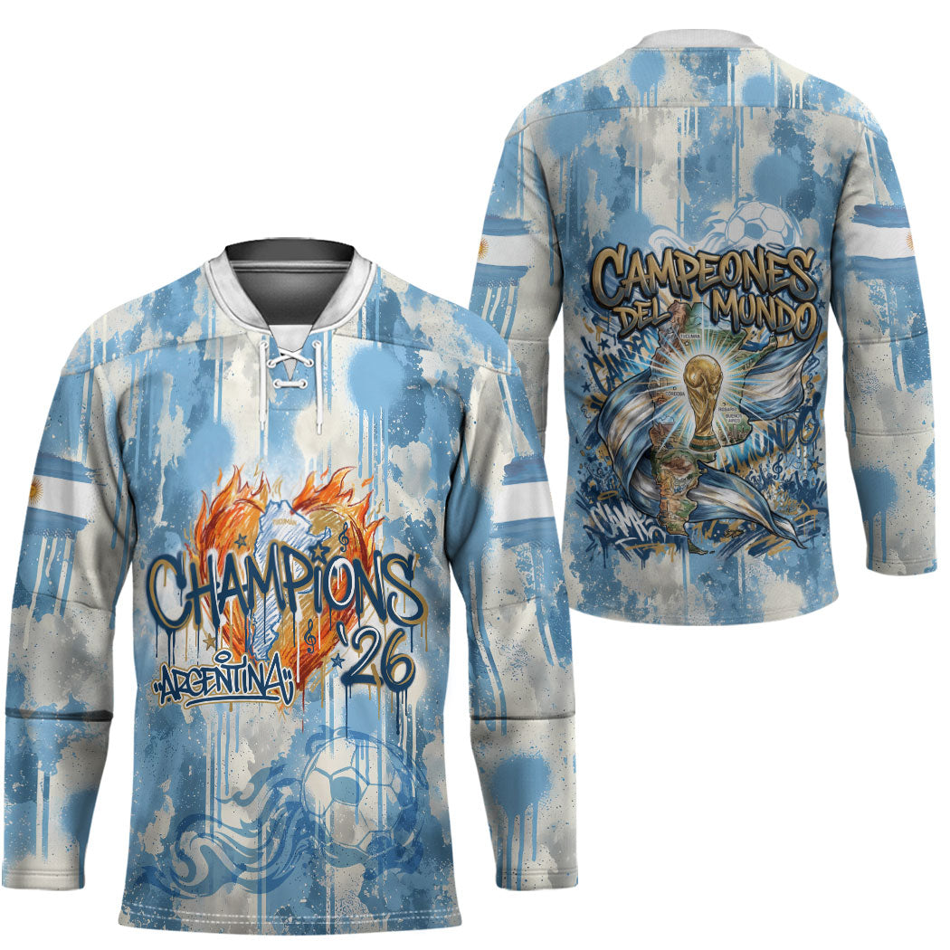 Argentina Football Campeones Del Mundo 2026 Hockey Jersey Champions Soccer Flag Watercolor Paint Drips Trophy