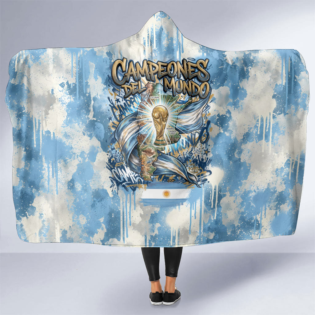 Argentina Football Campeones Del Mundo 2026 Hooded Blanket Champions Soccer Flag Watercolor Paint Drips Trophy