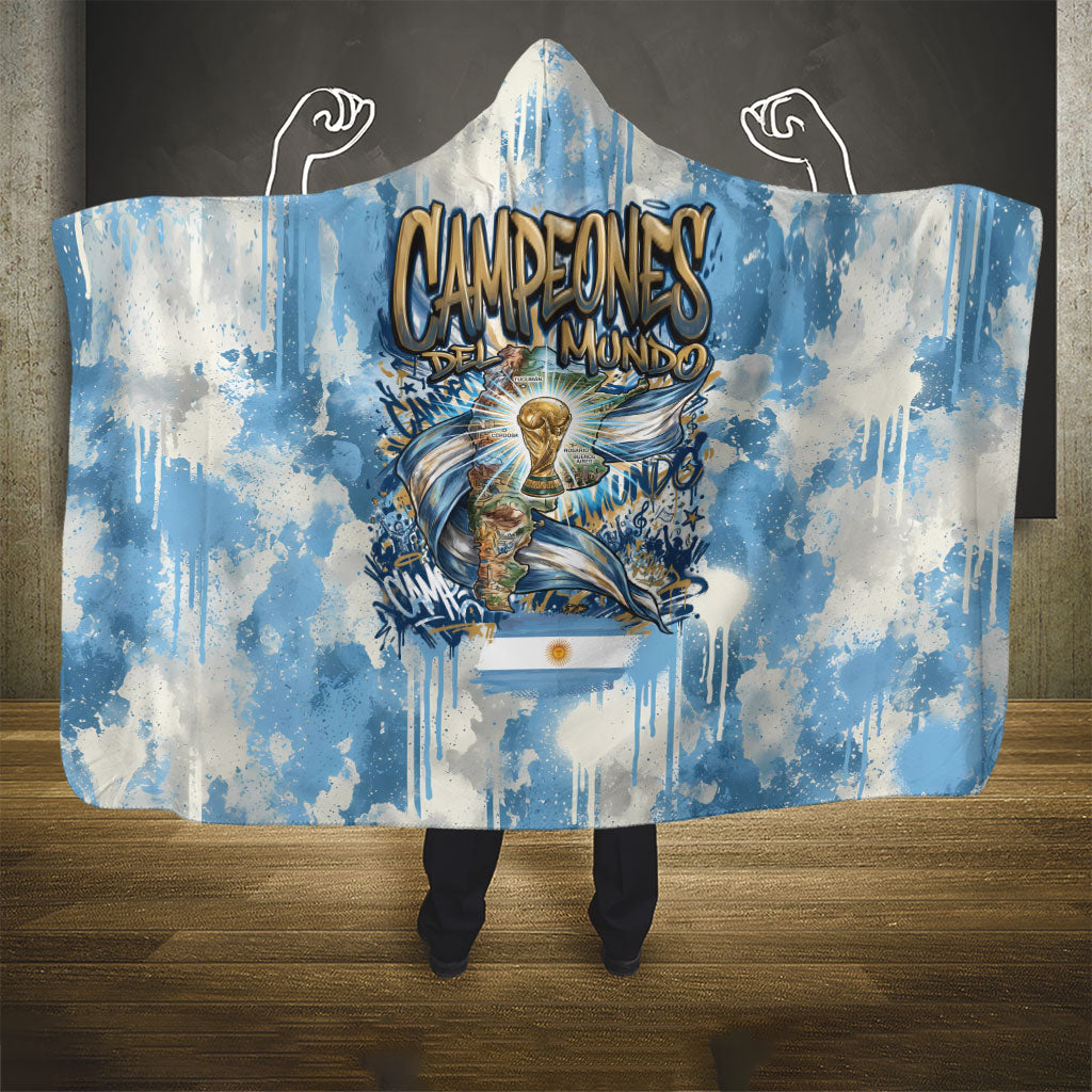 Argentina Football Campeones Del Mundo 2026 Hooded Blanket Champions Soccer Flag Watercolor Paint Drips Trophy