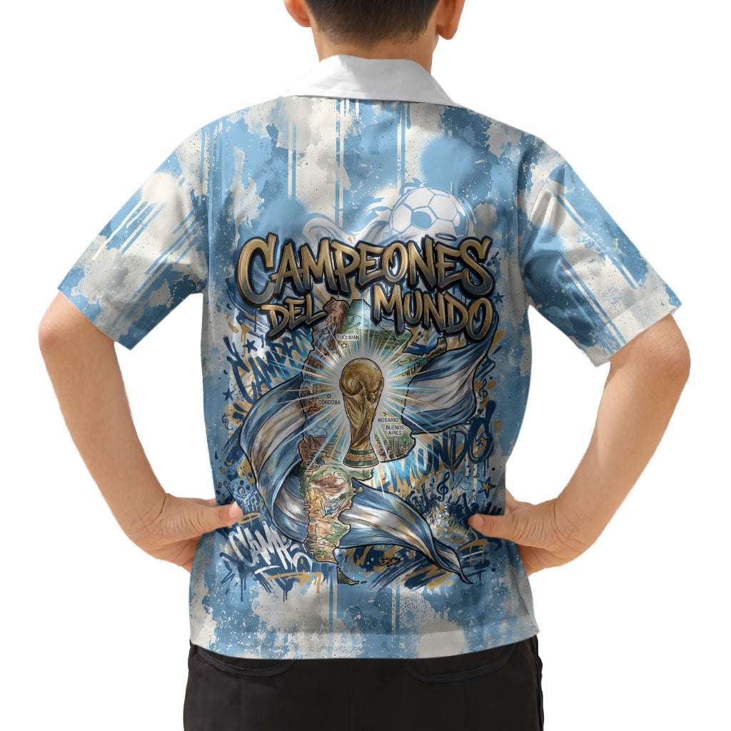 Argentina Football Campeones Del Mundo 2026 Kid Hawaiian Shirt Champions Soccer Flag Watercolor Paint Drips Trophy