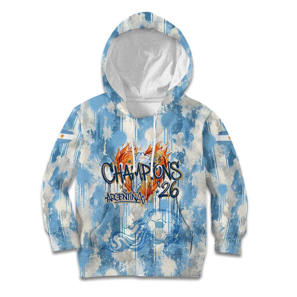Argentina Football Campeones Del Mundo 2026 Kid Hoodie Champions Soccer Flag Watercolor Paint Drips Trophy