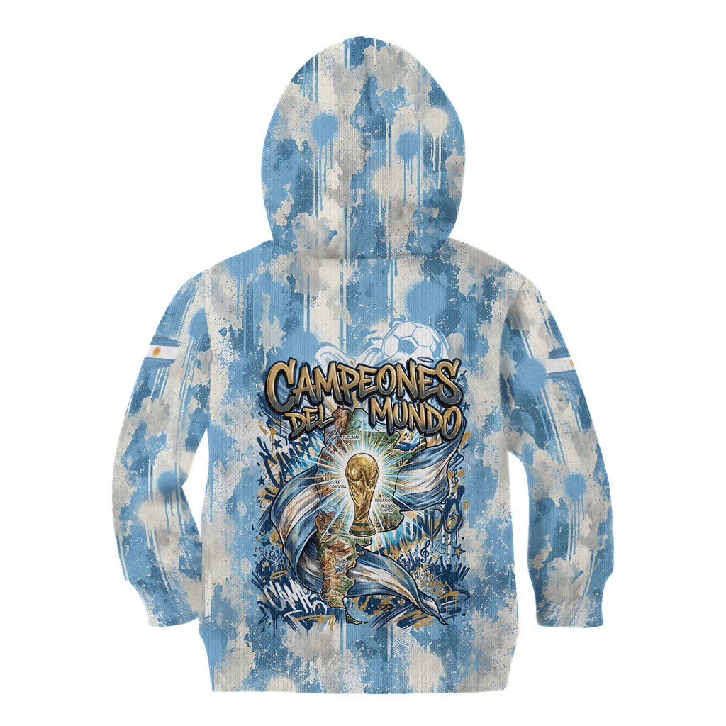 Argentina Football Campeones Del Mundo 2026 Kid Hoodie Champions Soccer Flag Watercolor Paint Drips Trophy