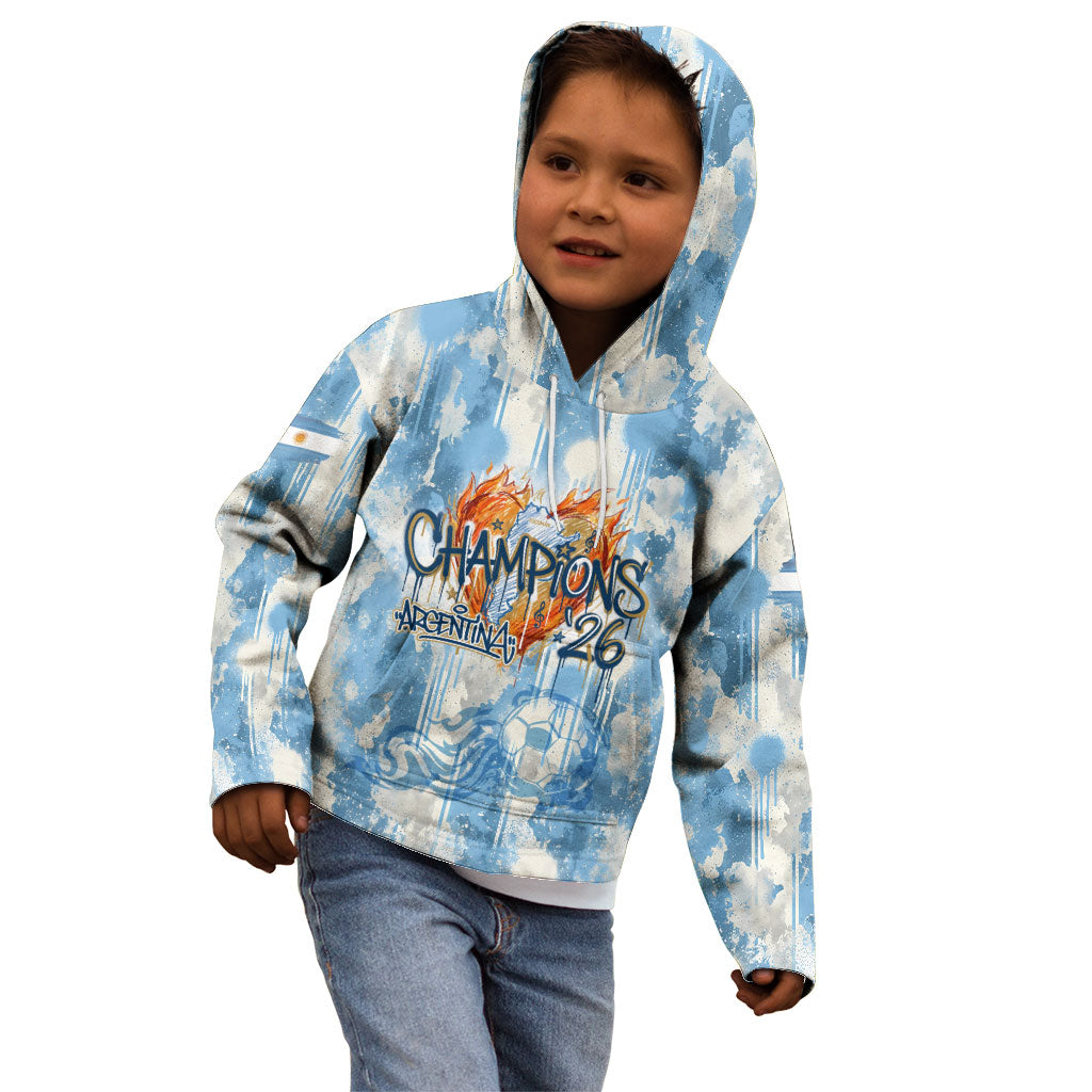 Argentina Football Campeones Del Mundo 2026 Kid Hoodie Champions Soccer Flag Watercolor Paint Drips Trophy
