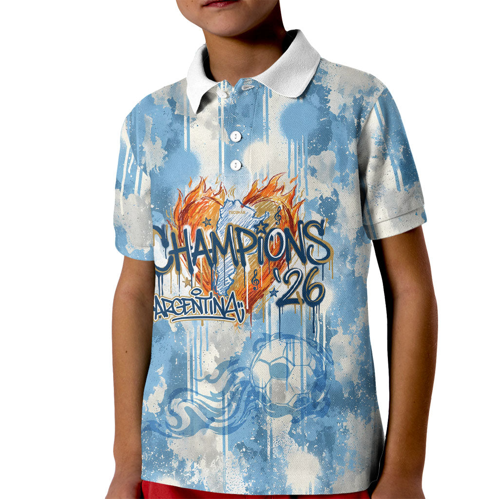 Argentina Football Campeones Del Mundo 2026 Kid Polo Shirt Champions Soccer Flag Watercolor Paint Drips Trophy