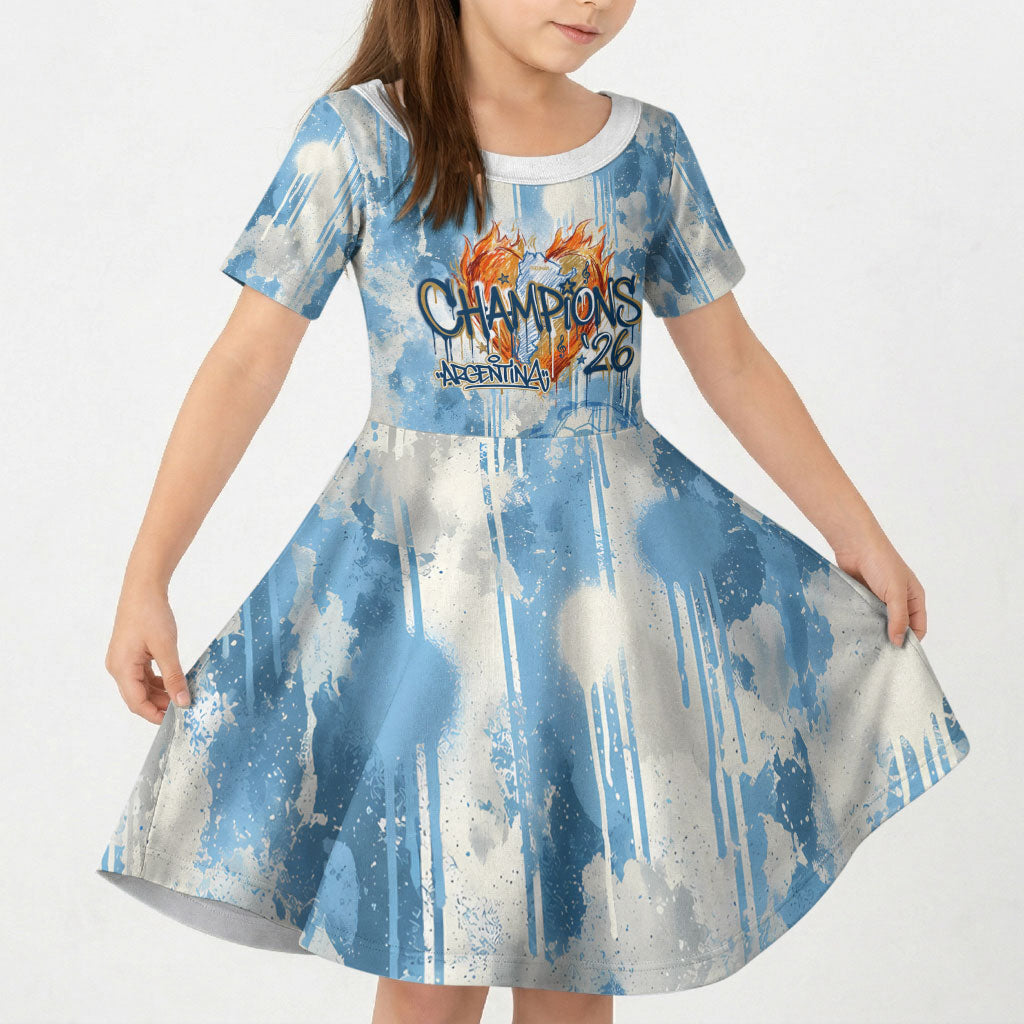Argentina Football Campeones Del Mundo 2026 Kid Short Sleeve Dress Champions Soccer Flag Watercolor Paint Drips Trophy