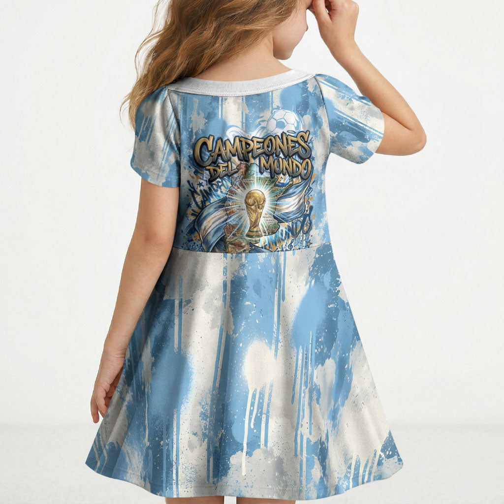Argentina Football Campeones Del Mundo 2026 Kid Short Sleeve Dress Champions Soccer Flag Watercolor Paint Drips Trophy