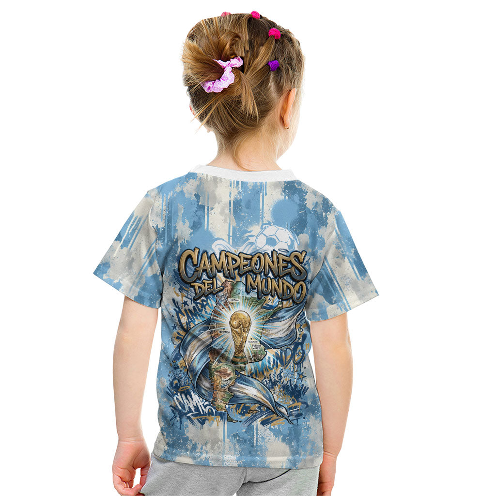 Argentina Football Campeones Del Mundo 2026 Kid T Shirt Champions Soccer Flag Watercolor Paint Drips Trophy