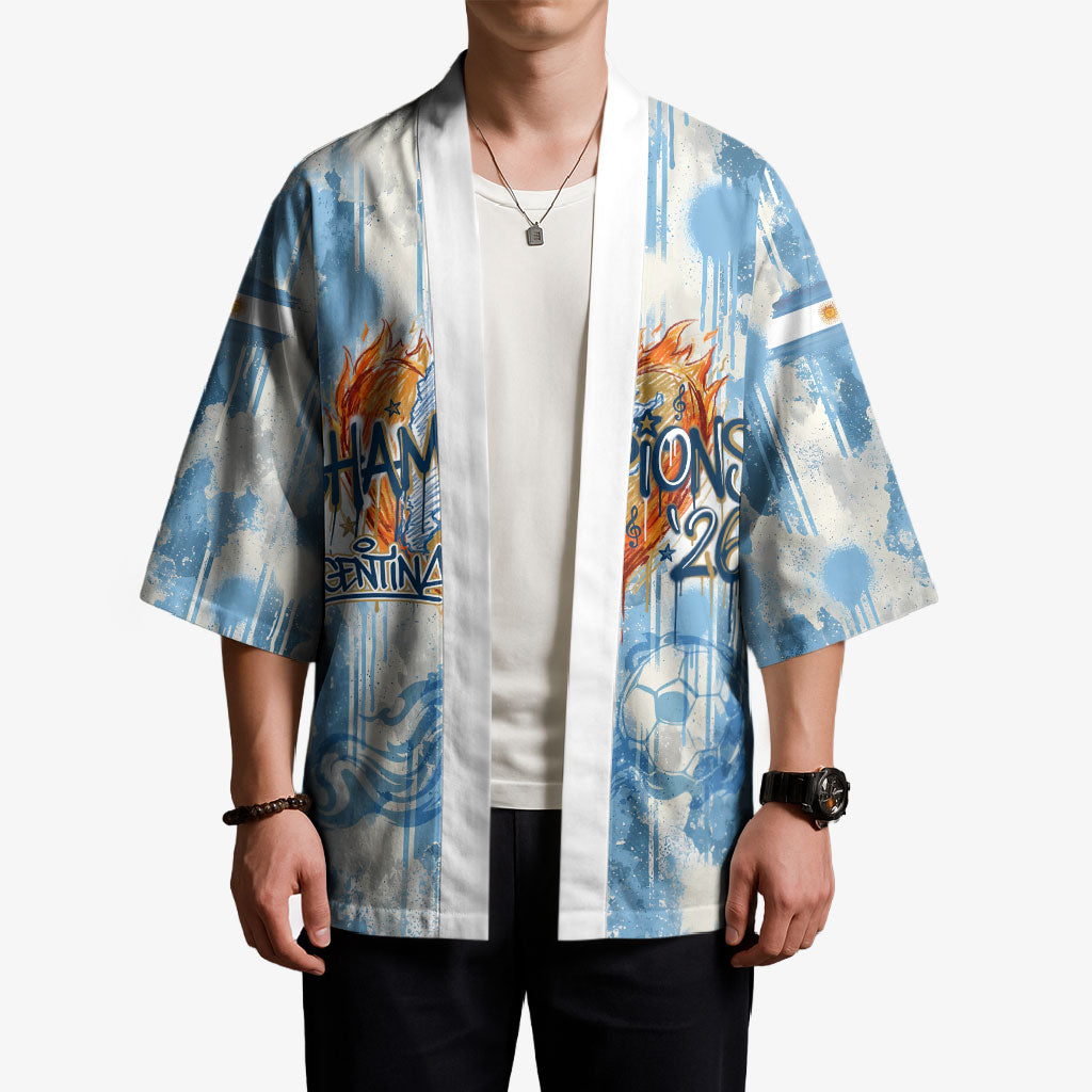 Argentina Football Campeones Del Mundo 2026 Kimono Champions Soccer Flag Watercolor Paint Drips Trophy