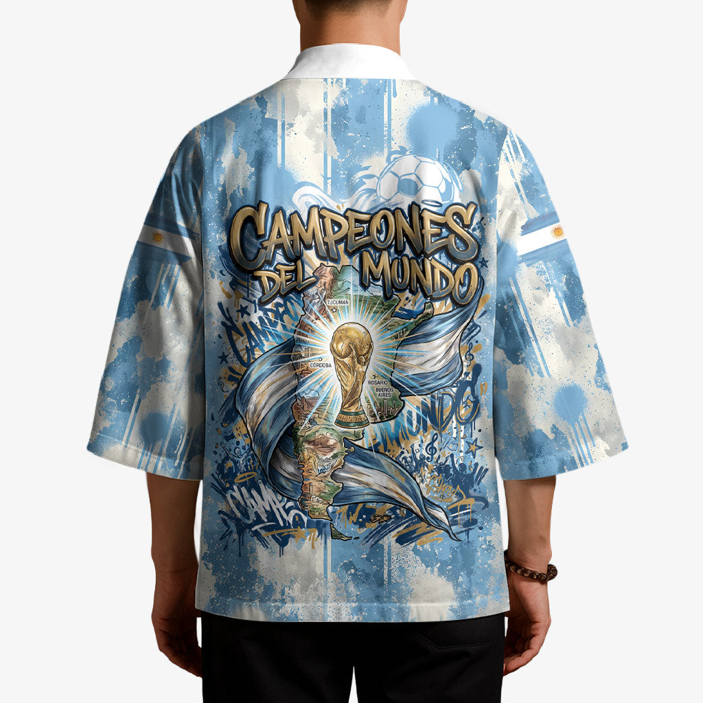 Argentina Football Campeones Del Mundo 2026 Kimono Champions Soccer Flag Watercolor Paint Drips Trophy