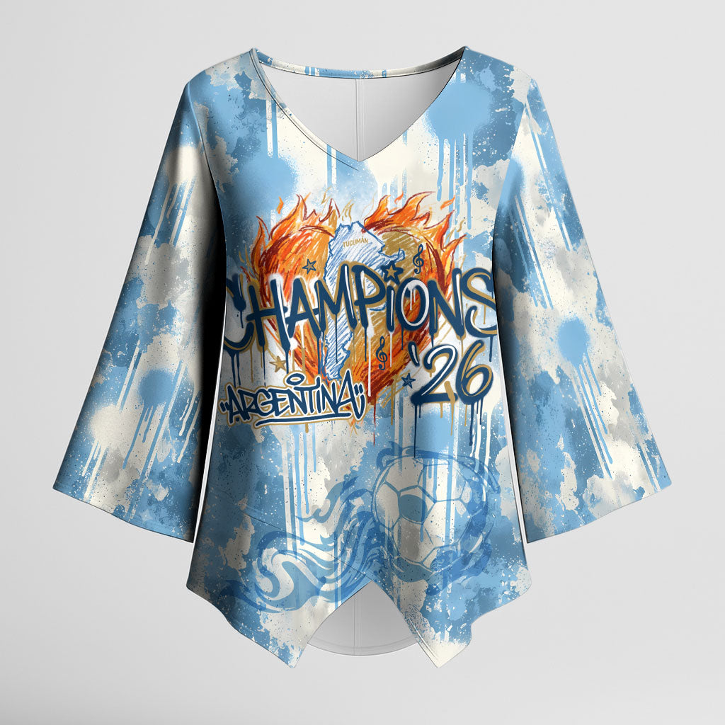 Argentina Football Campeones Del Mundo 2026 Kimono Sleeve Blouse Champions Soccer Flag Watercolor Paint Drips Trophy