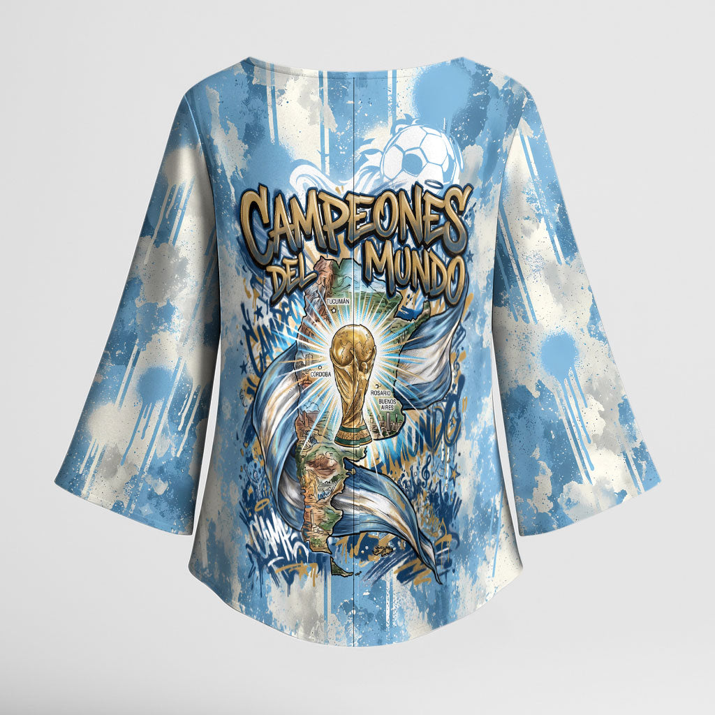 Argentina Football Campeones Del Mundo 2026 Kimono Sleeve Blouse Champions Soccer Flag Watercolor Paint Drips Trophy